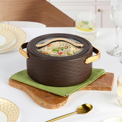 Image of CELLO Velvetto Deluxe 2000 Insulated Casserole Hot Box for Kitchen 2000 ml, Brown | Airtight See Through Lid Hot Pot Case Keeps Food Hot & Warm for Long Hours, Casserole Set for Roti, Rice & Biryani