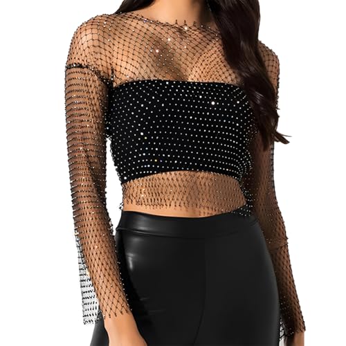DIFLAX Camiseta Transparente Mujer, Rhinestone brillante malla cuerpo cadena tops - para mujeres brillante bikini crop top para discoteca fiesta festival, para mujeres y niñas(M)
