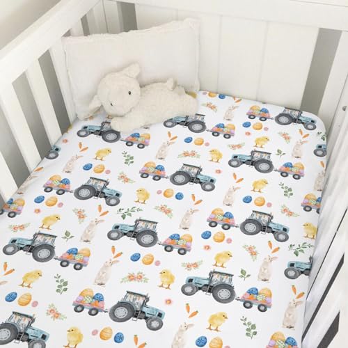 Image of Easter Farm Tractors Baby Crib Sheets 52''x28'' Spring Bunny Colorful Eggs Floral Stretchy Fitted Crib Mattress Sheet for Boy Girl Soft Baby Nursery Bed Sheet for Crib & Toddler Mattress