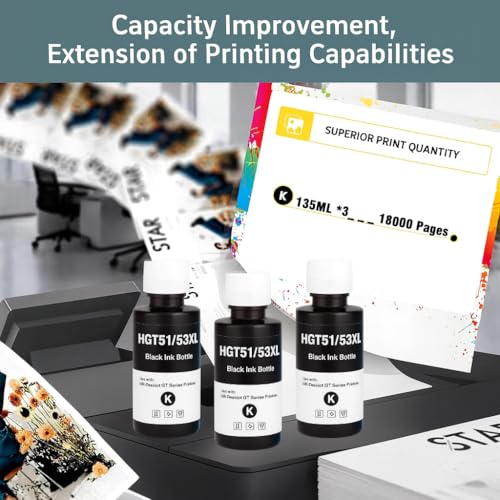 Image of KOSH Refill Ink Bottle Compatible for HP Deskjet 5810,5811,5820,5821,5822, Inktank Wireless 310,315,316,319,410,415,416,419,Smart Tank 115,500,510,515,516,720,750,790 Printers (3, GT53XL 135MLx 3)