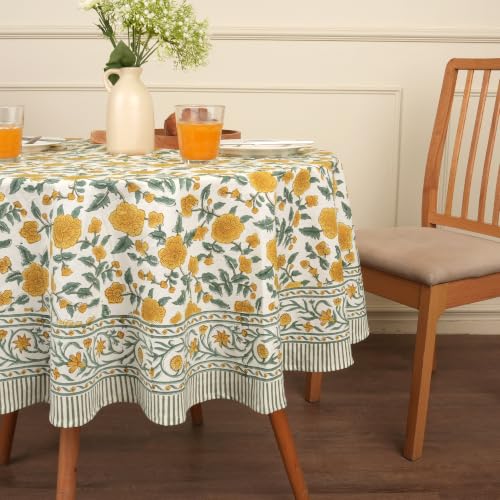 Image of Encasa XO Dining Table Cloth, Jaipuri Block Print Cotton Cover Yellow