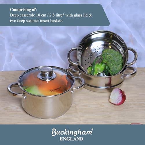 Buckingham 3 Tier Premier Steamer Set with Glass Lid Polished Mirror Finish Stainless Steel Ideal for Steamer Cooking Induction Compatible 18 Cm, Silver - Image 6