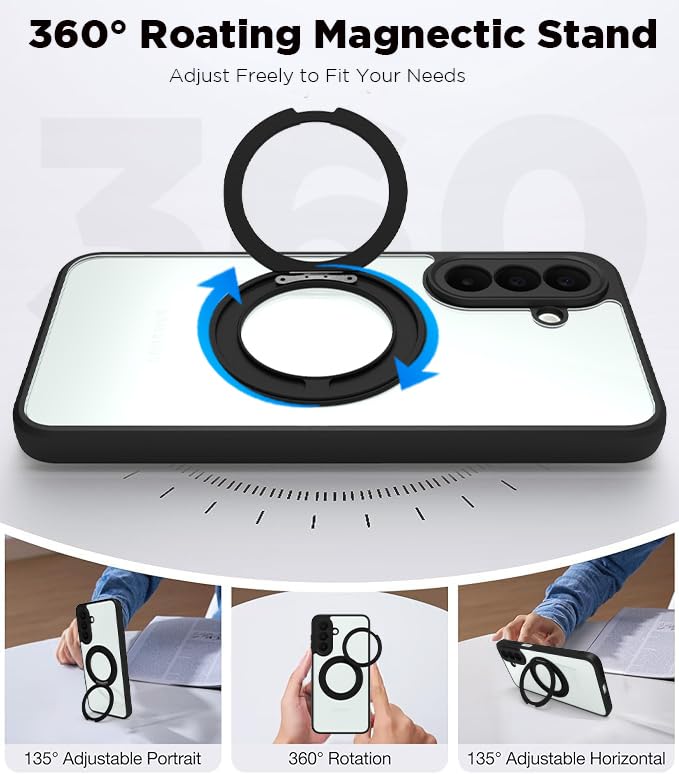 Image of RIGGEAR Shockproof Sleek Hybrid Armor 360 Rotating Magnetic Ring Stand Back Cover Case Compatible with MagSafe Accessories for Samsung Galaxy A27 5G (Clear PC + Black TPU Bumper)