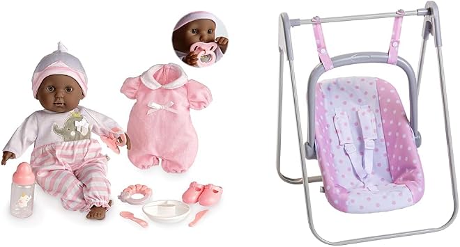 JC Toys Bundle of 15" Realistic African American Soft Body Baby Doll with Open/Close Eyes | 10 Piece Gift Set with Bottle, Rattle, Pacifier & Accessories | Pink | Ages 2+ | 2 in 1 Play Swing