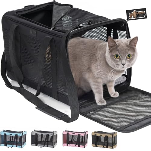 GORILLA GRIP Cat Carrier Travel Bag Up to 15 Lbs, Soft Collapsible Small Dog Carriers, Top and Side Entry Breathable Mesh, Grip Feet on Underside, Cozy Washable Waterproof Pad, Portable Kennel, Black