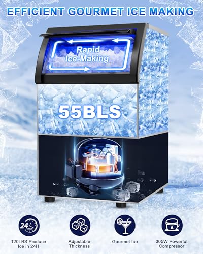Image of Commercial Gourmet Ice Maker, 120Lbs /24H Spray Ice Machine | Self-Cleaning & Adjustable Ice Thickness, Stainless Steel Freestanding Under Counter for Crystal Clear Nugget Ice Making