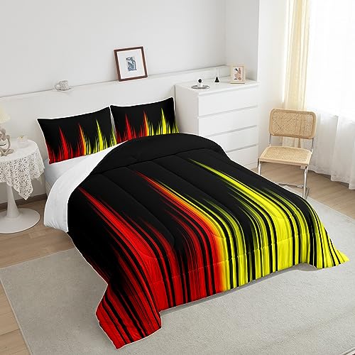 Image of Red, Yellow & Black Comforter Set - Full Size, Kids Boys Girls Ombre Striped Duvet Set 3Pcs