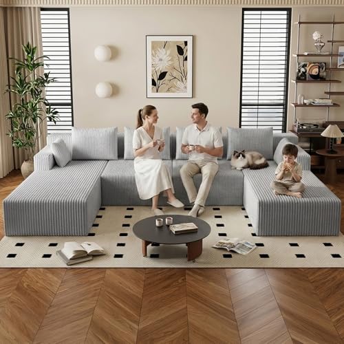Image of 142 inch Cloud Sectional Boneless Couches for Living Room, Modular U Shaped Couch with 2 Chaise, Modern Comfy Deep Seat Corduroy Memory Foam Compressed Sofa for Apartment, Light Grey