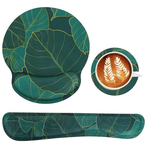 Juego de Alfombrilla de Ratón 3 en 1, Reposamuñecas Teclado + Alfombra Raton Ergonómico+ Posavasos, Mouse Pad con Cojín de Gel para Alivio Del Dolor de Muñeca Juegos Oficinas Dormitorios (A)