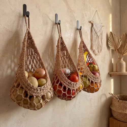 Image of Honeydak 3 Hanging Baskets, Light Linen, Crochet, Cotton Rope