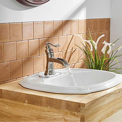 BWE Waterfall Brushed Nickel Bathroom Sink Faucet Single Handle One Hole Deck Mount Lavatory Commercial