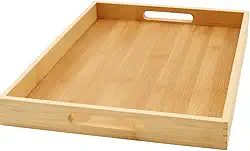 Bandeja Retangular Com Alça Para Servir Café da Manhã Mesa Posta MDF E Bambu Grande Decorativa Multiuso 33x22x3cm