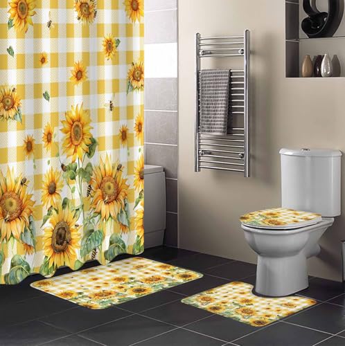 Orange Sunflower Bathroom Set with Shower Curtain and Rug Accessories - 72x72 Inches Long Bee Floral Summer Rustic Buffalo Check Bathtub Curtain Waterproof with Large Bath Mat,Washable Runner Rug Set
