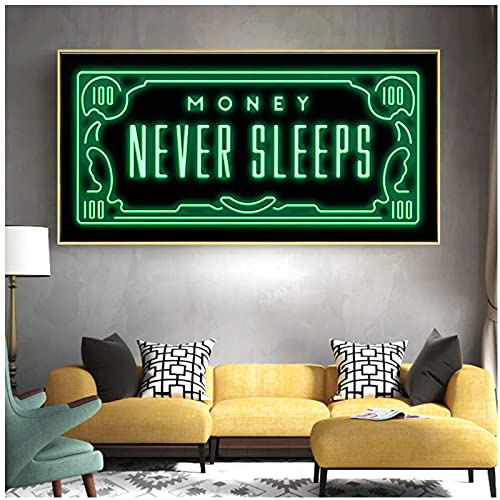 cuadros decoracion salon Black Green Flash Money Never Sleeps Citas de la cultura popular moderna Pintura en lienzo Arte de la pared Carteles en lienzo para decoración del hogar 19.7x47.2in (50x120cm Cover