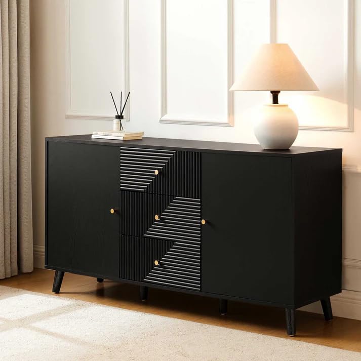 Image of Wooden Sideboard Cabinet for Living Room | Side Board Crockery Cabinet with 2 Doors & 3 Drawers Storage for Dining, Drawing and Home Office | HDMR Premium Wood & Iron(Black)
