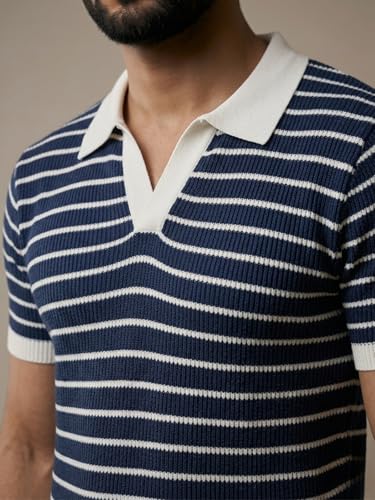 Image of GRECIILOOKS Polo T Shirt for Men | Knitted Block Collar Neck T-Shirt | Smart Casual Striped Design | Premium Mens T Shirts | Office Wear, Travel & Everyday Styling