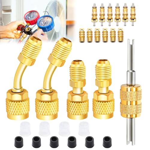 Ruibapa Mini Split Adapter 5/16 Female 1/4 Male Flare Charging Vacuum Port with 4 Sealing Plugs and Valve Core kit for Air Conditioners HVAC Refrigeration 2 Straight+2 Angled