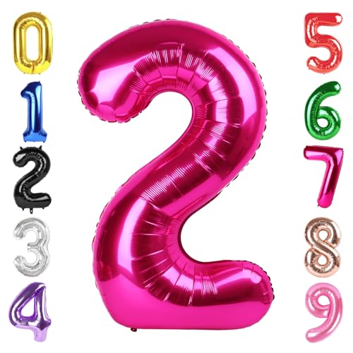 Image of 40 Inch Hot Pink Number 2 Balloon, 2nd Birthday Party Decorations | 40 Inch Hot Pink inflatable foil number balloons, large birthday decorations for 2nd birthday