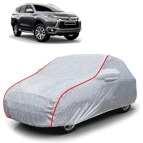 Image of Sulfar 100% Waterproof Car Body Cover Compatible with Mirror for Mitsubishi Pajero Sport (Triple Stitched, Full Bottom Elastic, Magic Silver with Red Piping)