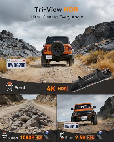 Image of WOLFBOX G900 Tripro Bumper-N 3 Channel 4K Mirror Dash Cam, 4K+2.5K+1080P Front Rear & Bumper Camera,8MP STARVIS 2 IMX 678 Night Vision,12 inch Smart Screen for Off-Road & Blind Spot(SD Card Not Included)