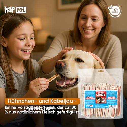 HAPPET Hundegröße - Hähnchen- Dorschsandwich 500g - natürlicher Trainingsbeiß, eiweiß- und fettarme Leckerei, gesunder Snack zur Unterstützung der Hygiene von Zähnen und Zahnfleisch bei Hunden