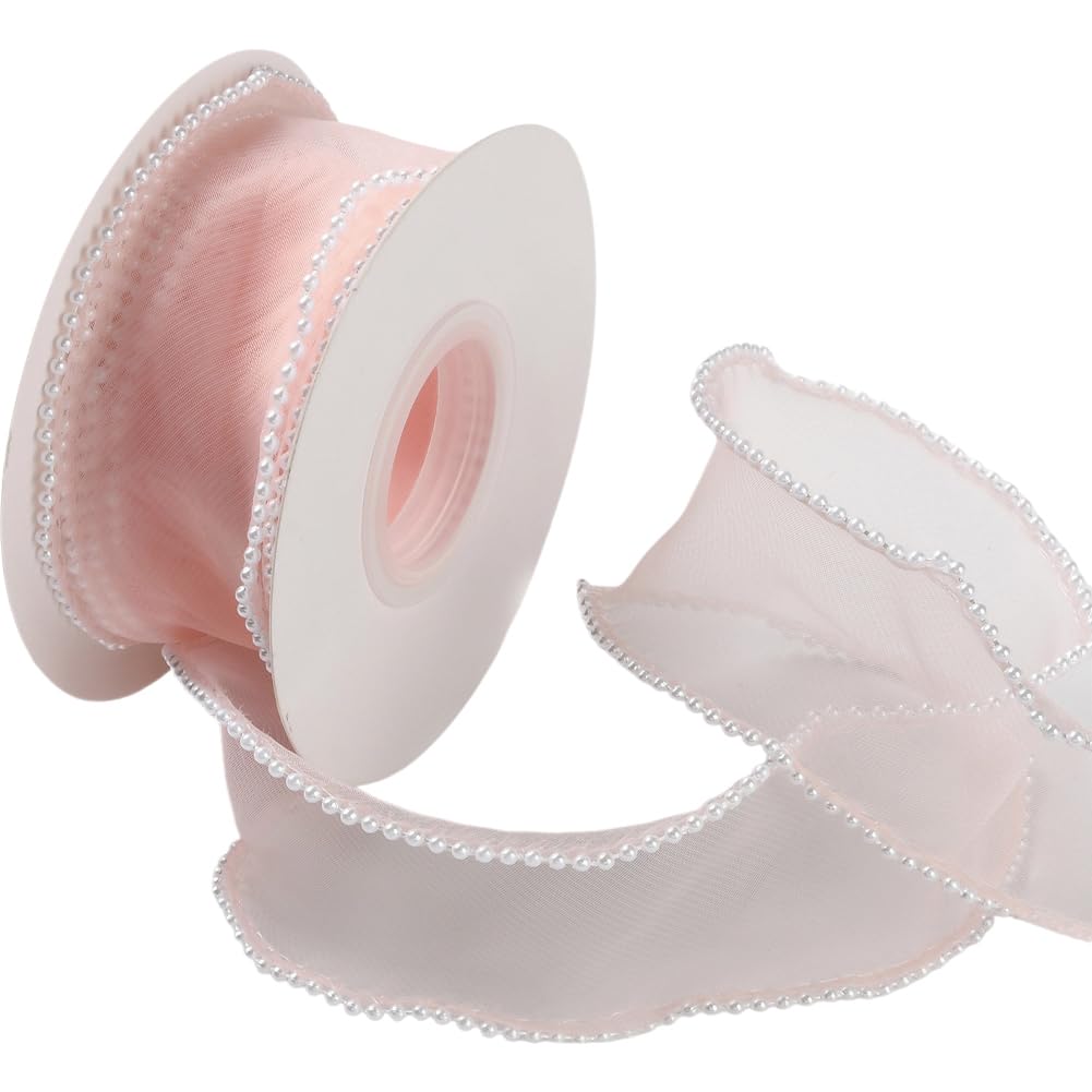 CABODYALS 4.57M 40mm Faux Pearl Edged Pink Organza Ribbon Fishtail Transparent Wired Chiffon Trim Smooth Sheer Mesh Ribbons Rolls with Spool for Sewing Making Crafts Bouquet Decorations DIY Supply