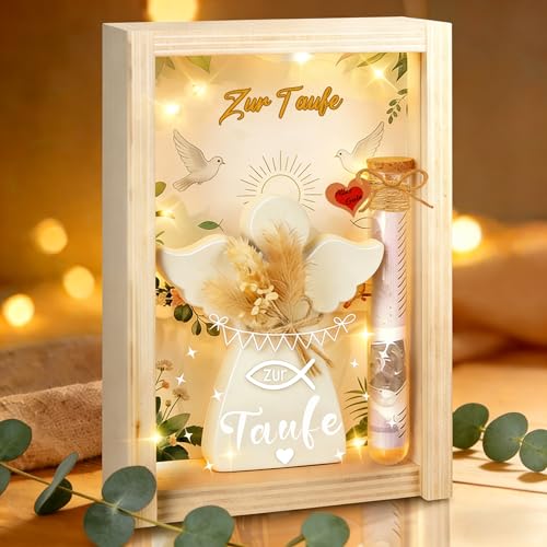 Taufgeschenke für Mädchen Jungen Taufe Geschenk mit LED Getrocknete Blumen Holzbox Taufkarte Engel und Fische Kreative Geschenke zur Taufe