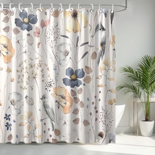 Image of Flower Floral Shower Curtain, Watercolor Wildflower with Botanical and Birds Fabric Shower Curtains Set, Boho Plants Shower Curtains with Hooks, Minimalist Bthroom Decor 72x72inch
