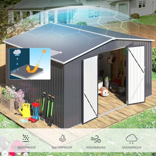 Image of Polar Aurora Outdoor Storage Shed, Metal Garden Shed with Updated Frame Structure, Tool Sheds for Backyard Garden Patio Lawn (Black, 12x10 FT)