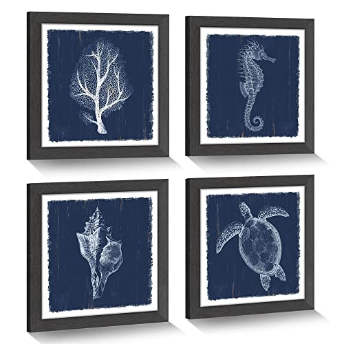 Framed Navy Ocean Wall Art: 4 Pieces Blue White Coastal Seascape Pictures Modern Undersea Seahorse Turtle Painting Simple Sea Coral Creature Prints Tropical Beach Seaside Artwork For Bedroom #TOP11