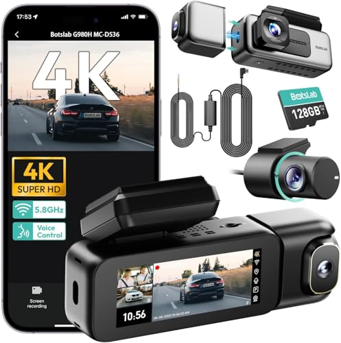 BOTSLAB 3 Channel 4K Dash Cam Front and Rear Inside Triple Car Dash Cam with Voice Control 3.18 inches Touch Screen Loop Recording 24/7 Parking Mode Included 128GB Memory Card and Hardwire Kit