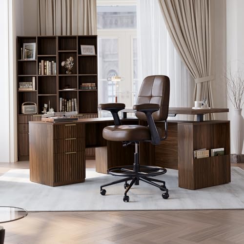 Image of Drafting Executive Chair, Tall Office Chair with Padded Flip-Up Armrests, Mid-Back Cushioned Seat, 360 Swivel Rolling Computer Desk Chair for Standing Desk & Home Office, Vintage Brown
