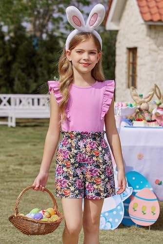 Image of Arshiner Girls Clothes Summer Outfits Ruffle Sleeve Tops and Paperbag Waist Shorts with Pockets Kids Clothing Set