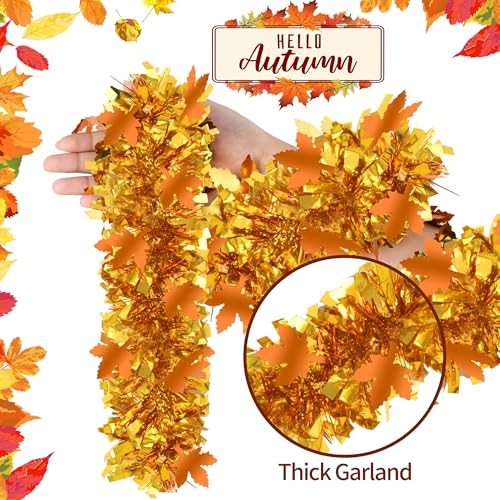 Image of 50FT Thanksgiving Tinsel Garland, Tinsel Garland Hanging Streamers Maple Leaf Metallic Holiday Tinsel Fall Hanging Oranment for Autumn Thanksgiving Day Halloween Party Decoration