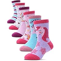 PROETRADE Merino Wool Socks for Kids Toddlers Girls Boys Warm Thick Walking Winter Thermal Crew Heavy Boot Cosy Gift Hiking Unicorn Socks 6 Pack(Unicorn-Pink,4-7 Y)