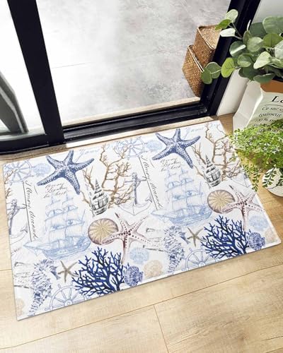 Indoor Doormat Ocean Starfish Shell Coral Sailboat,Shaggy Floor Mat with Non-Skid Backing Nautical Theme Sketch,Machine Washable Plush Area Rug Carpets for Kitchen Nursery Bedroom