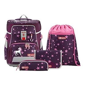 Step by Step Space, schooltassenset 5-delig, ergonomische tornister met reflectoren, in hoogte verstelbaar met heupgordel, vanaf de 1e klasse, 20L Unicorn polyester met 100% PFC-vrije coating., roze
