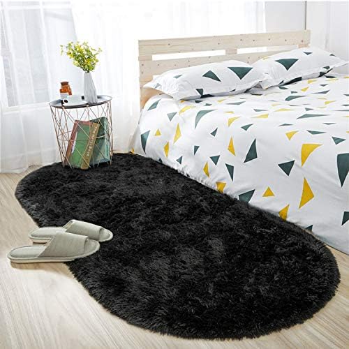 ISEAU Oval Rugs for Bedroom Carpet Modern Shaggy Area Rug for Kids Room Extra Comfy Fluffy Rugs for Home Decor Mats, 2.6 x 5.3ft, Black