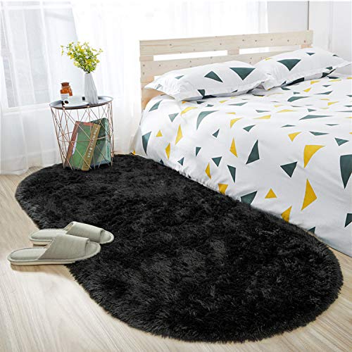 Tapete ovalado de felpa suave ISEAU, 2.6 x 5.3 ft, negro miniatura 4
