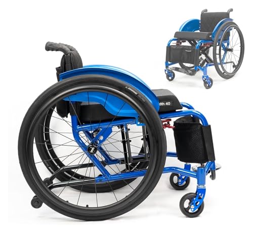 アルミ製軽量車椅子、大人用軽量車椅子、ポータブル輸送車椅子、自走式移乗車椅子、軽量折りたたみ式スポーツ車椅子(ブルーA、15.7インチ 40cm)