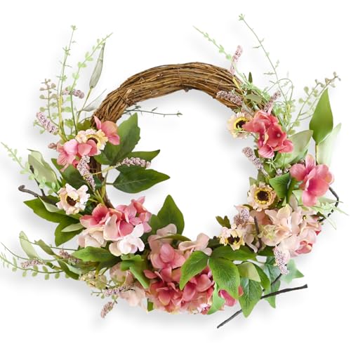 Spring Wreath for Front Door, 20 Inch Floral Spring Wreath Pink Hydrangea with Grapevine Base, Spring Door Wreath for Wedding Mothers Day Easter Housewarming Gift Rustic Farmhouse Porch Decoration