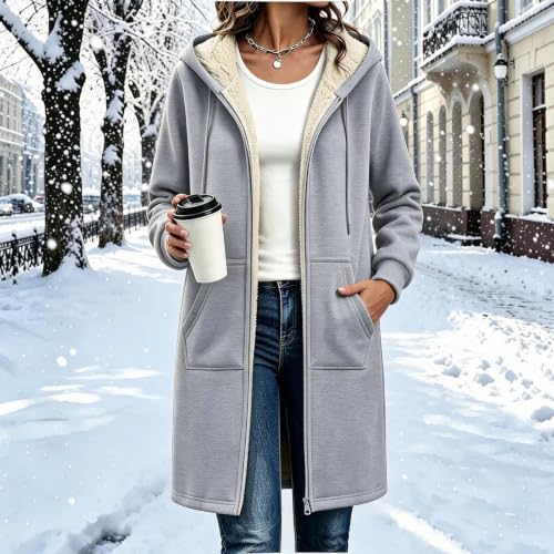 Women Zip Up Long Hoodies Sherpa Fleece Lined Warm Hooded Coat with Pockets - image 3