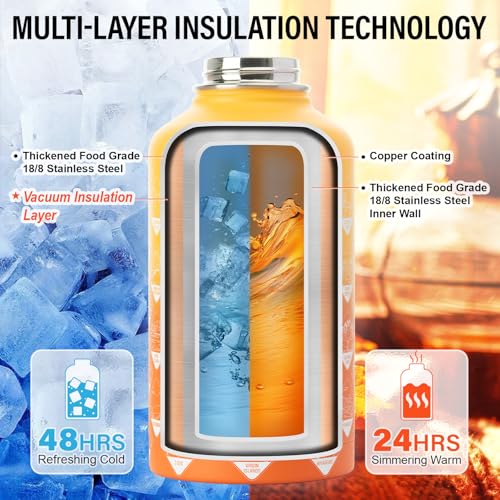 Insulated Water Bottle | Thickened Stainless Steel Vacuum Metal | Portable Sports Half Gallon Large Water Jug for Gym and Hiking with Straw, Carrier Bag, Handle Strap | BPA-Free 64 oz