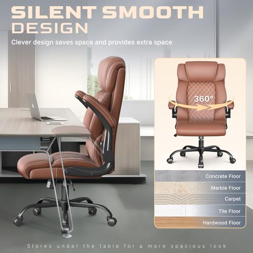 Image of Office Chair-Executive High Back Breathable Big and Tall Office Chair Flip-up Armrests Lumbar Support-Ergonomic Leather Rolling Swivel Chair with Rock Function for Working Studying Gaming,Brown