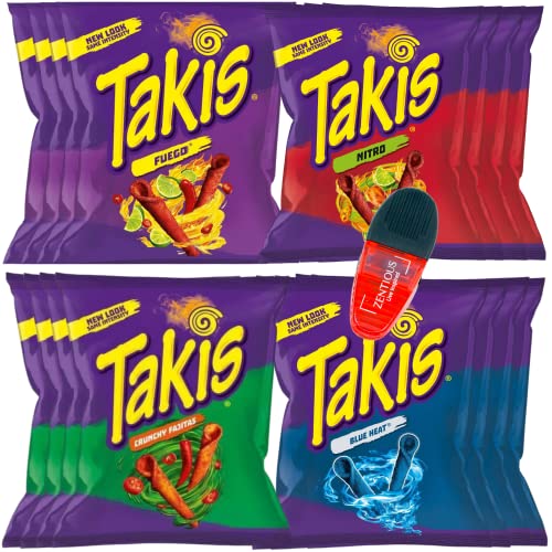 Takis Singles Variety Pack - 16 Pack Of Takis Blue Heat, Fajita Takis, Takis Nitro And Takis Fuego, 4 Of Each In 1oz Bags With A Zentious Magnetic Power Clip