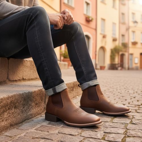 Image of SUREWAY Men's Western Chelsea Boots, Genuine Leather Slip-On Ankle Boots