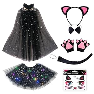 8 Stück Katzenkostüm Kinder, Karneval Katzen kostüm Mädchen mit leuchtendes Tutu Umhang Katzenohren Haarband Handschuhe Schwanz Fliege Gesichtstattoo, Glitzer Tierkostüm für Halloween Cosplay Party