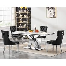 68" Modern Dining Table Set for 4, White Faux Marble Kitchen Table and Chairs for 4, 5 Piece Luxury Silver Dining Room Table Set & 4 Black Velvet Tufted Upholstered Chairs with Stainless Steel Legs