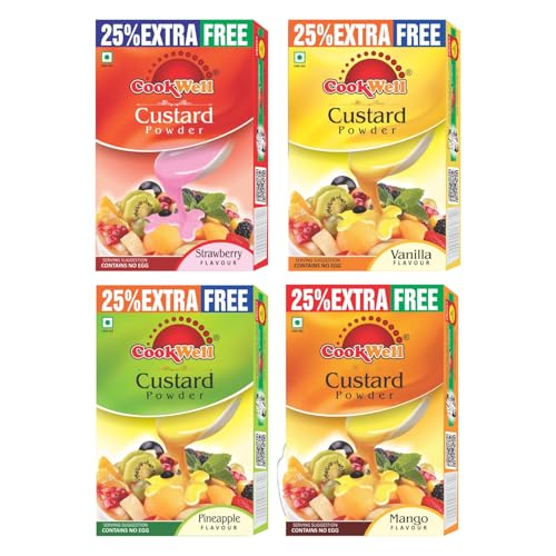 Image of Cookwell Combo of Custard Powder | 100g x 4 Flavours (Vanilla, Mango, Pineapple, Strawberry) | Delicious Flavourful Creamy Dessert Mix for Puddings, Fruit Salads and Parties