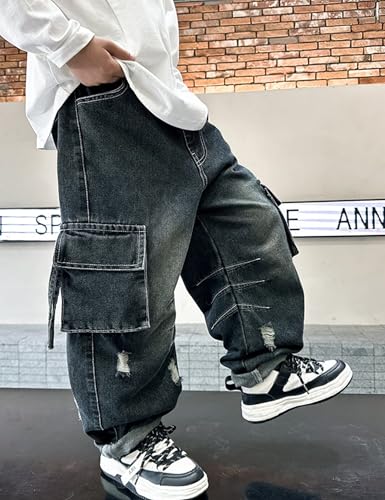 Boys Ripped Jeans Y2k Wide Leg Cargo Pants Elastic Waist Baggy Jeans for Teens Kids 6-14 Years3
